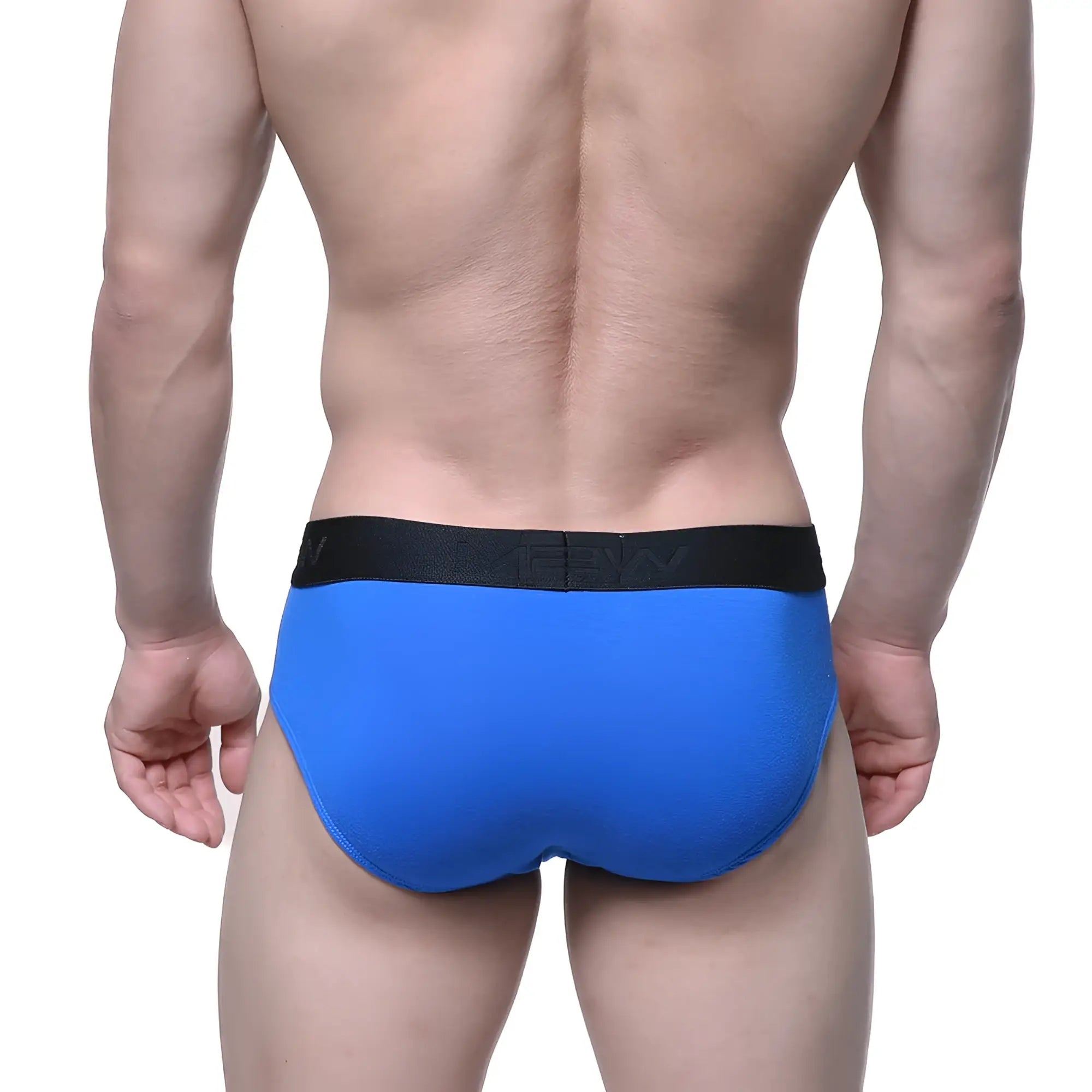 Bright blue cotton hip briefs with black elastic waistband featuring the MetroMaleWear brand logo