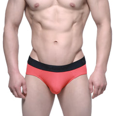 Coral cotton briefs with black mev elastic waistband from metrimalewear hip brief collection model 3006-24
