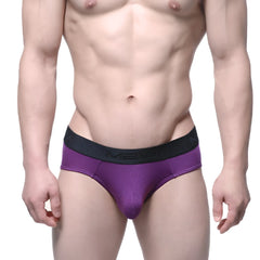 Purple cotton MetroMaleWear hip briefs with a black elastic waistband featuring mean branding in white lettering
