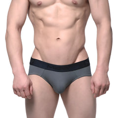Gray cotton men’s briefs with black elastic waistband featuring meny logo from metromalewear hip brief green 3006-26