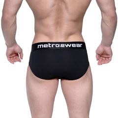 Black metrowear cotton hip briefs with a white logo band designed for intense comfort and support
