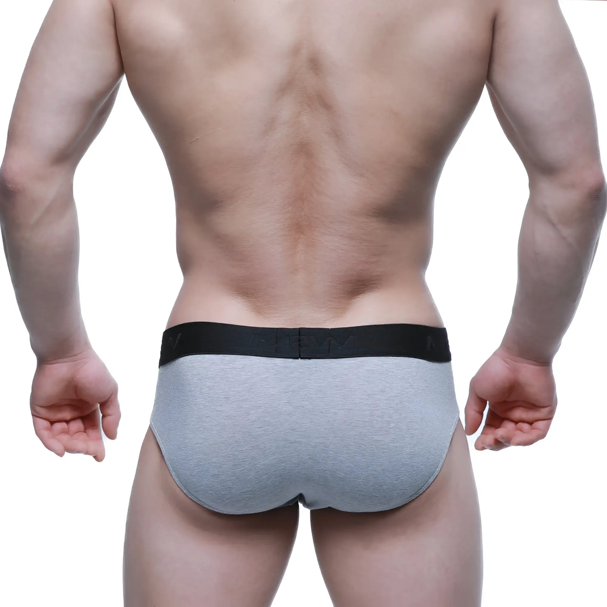 Gray heathered cotton hip briefs with black elastic waistband and MetroMaleWear logo for comfortable everyday wear