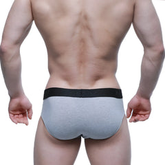 Gray heathered cotton hip briefs with black elastic waistband and MetroMaleWear logo for comfortable everyday wear