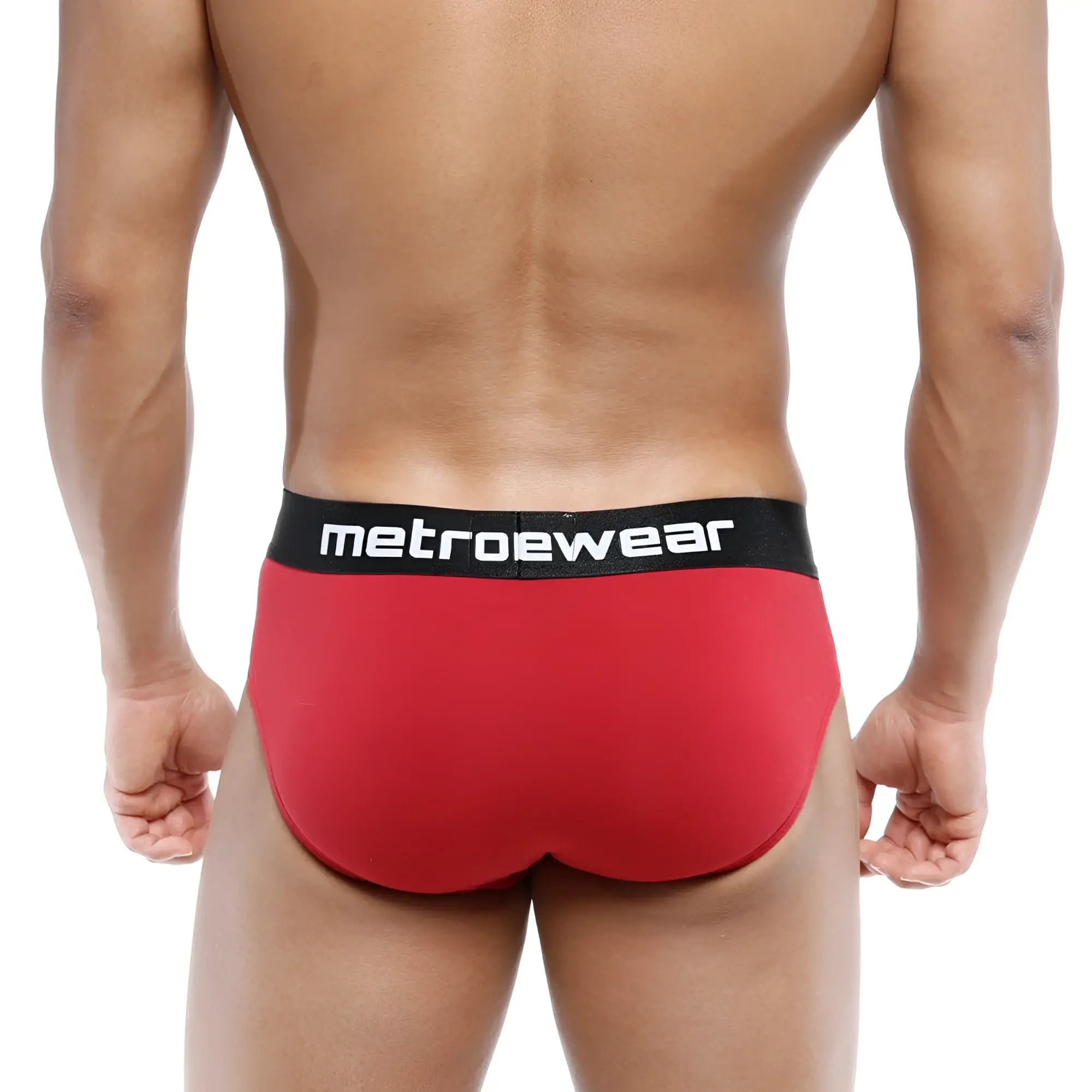 Red metrowear cotton hip briefs in terracotta with black waistband and white lettering for comfortable daily wear
