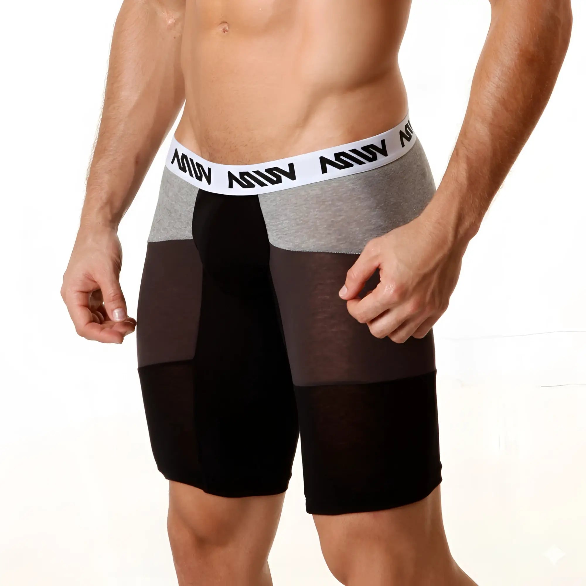 Black and gray cotton athletic boxer briefs with white adidas waistband metroMalewear cotton long short 15inch