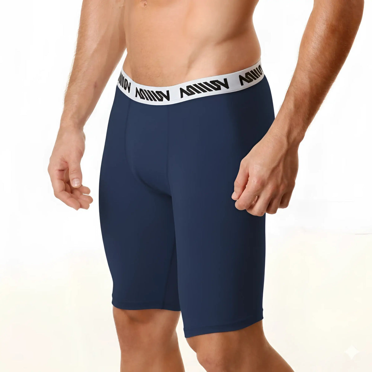 Navy blue MetroMaleWear cotton athletic briefs with a white elastic waistband and black repeating logo text