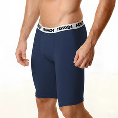 Navy blue MetroMaleWear cotton athletic briefs with a white elastic waistband and black repeating logo text