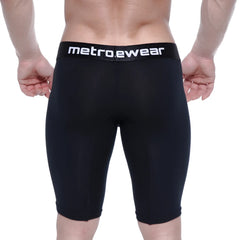Black metrowear cotton compression shorts with 15 inch length elastic waistband and snug form-fitting design