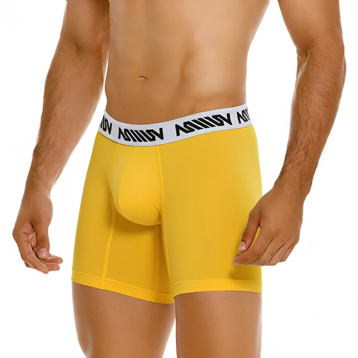 Bright yellow cotton metro malewear cotton mid boxer briefs with white elastic waistband and black logo text