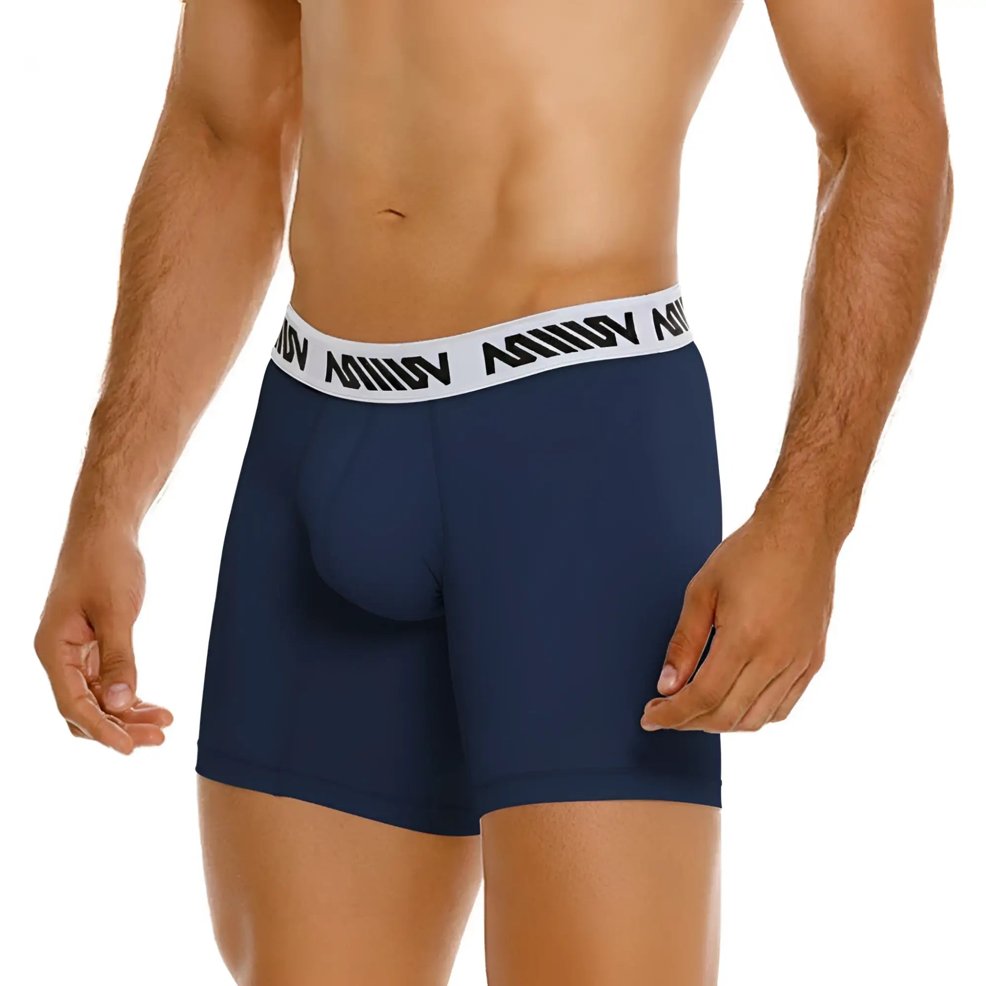 Navy blue cotton metroMalewear mid boxer briefs with 10 inch inseam and white waistband with black logo text