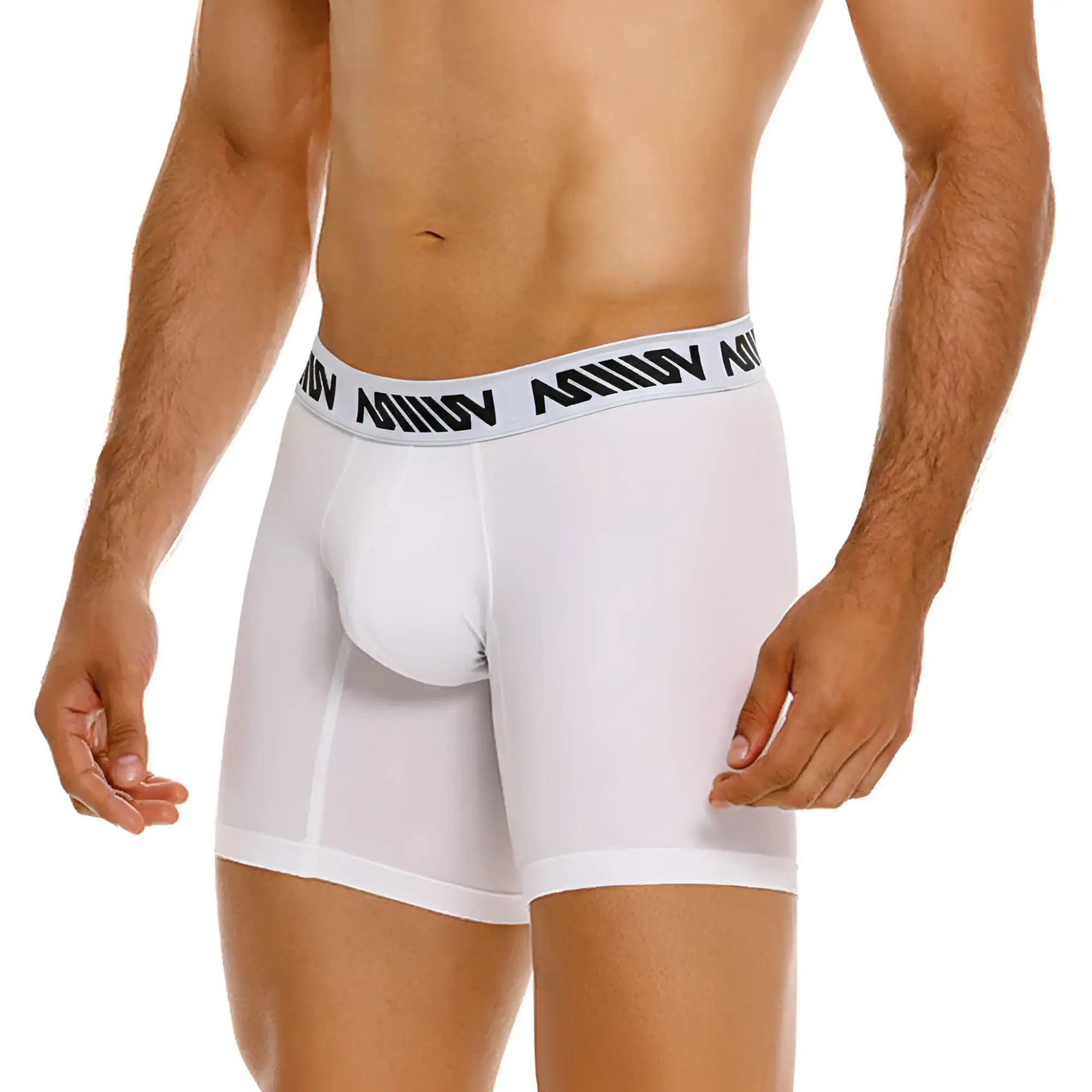 White men’s cotton boxer briefs with a 10 inch inseam and a black amin logo waistband from MetroMaleWear
