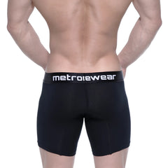 Black metrowear cotton mid boxer briefs with 10 inch inseam and white logo on waistband for men