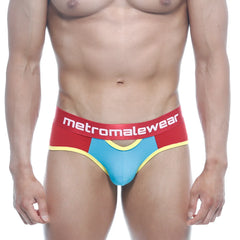 Red and blue mens cotton open briefs with yellow trim and metromalewear logo on red waistband model 9003-40