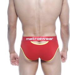 Red metrowear cotton open briefs with yellow trim and white logo on waistband metro malewear 9003-40