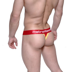 Red and yellow cotton open thong with metromlewe branded waistband by metromalewear model 3002-40