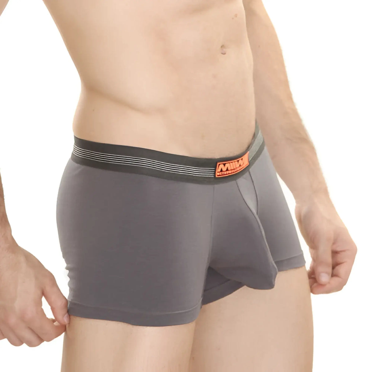 Gray men’s cotton pouch boxer briefs with black waistband white stripes and orange milk brand label metroMalewear charcoal