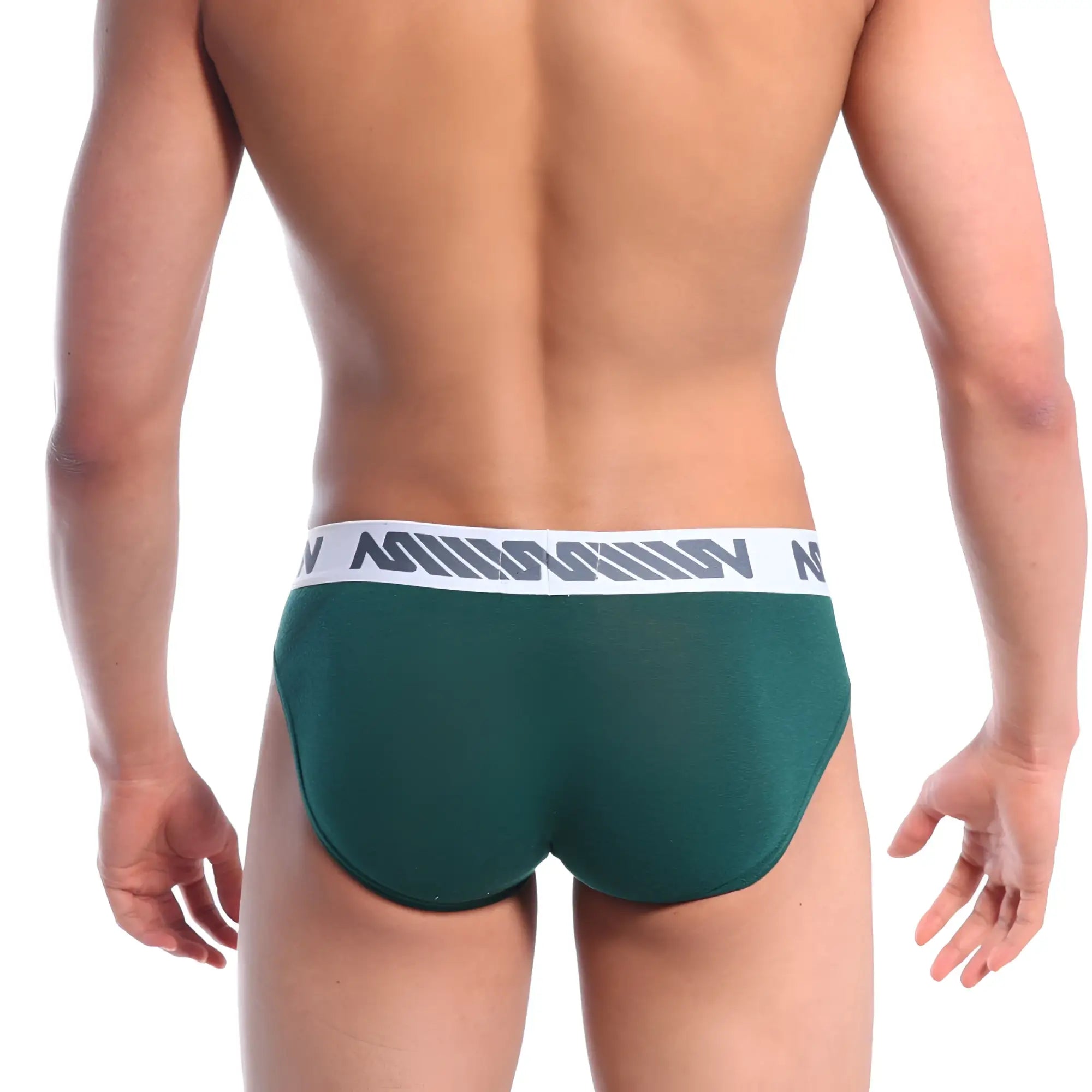 Dark green cotton pouch hip brief with white elastic waistband and gray logo pattern by metromalewear
