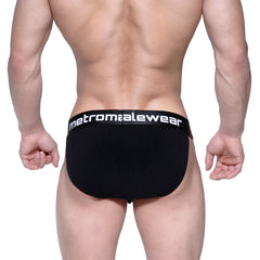 Black cotton ribbed briefs with bulge bikini fit and white metromalewear logo on waistband