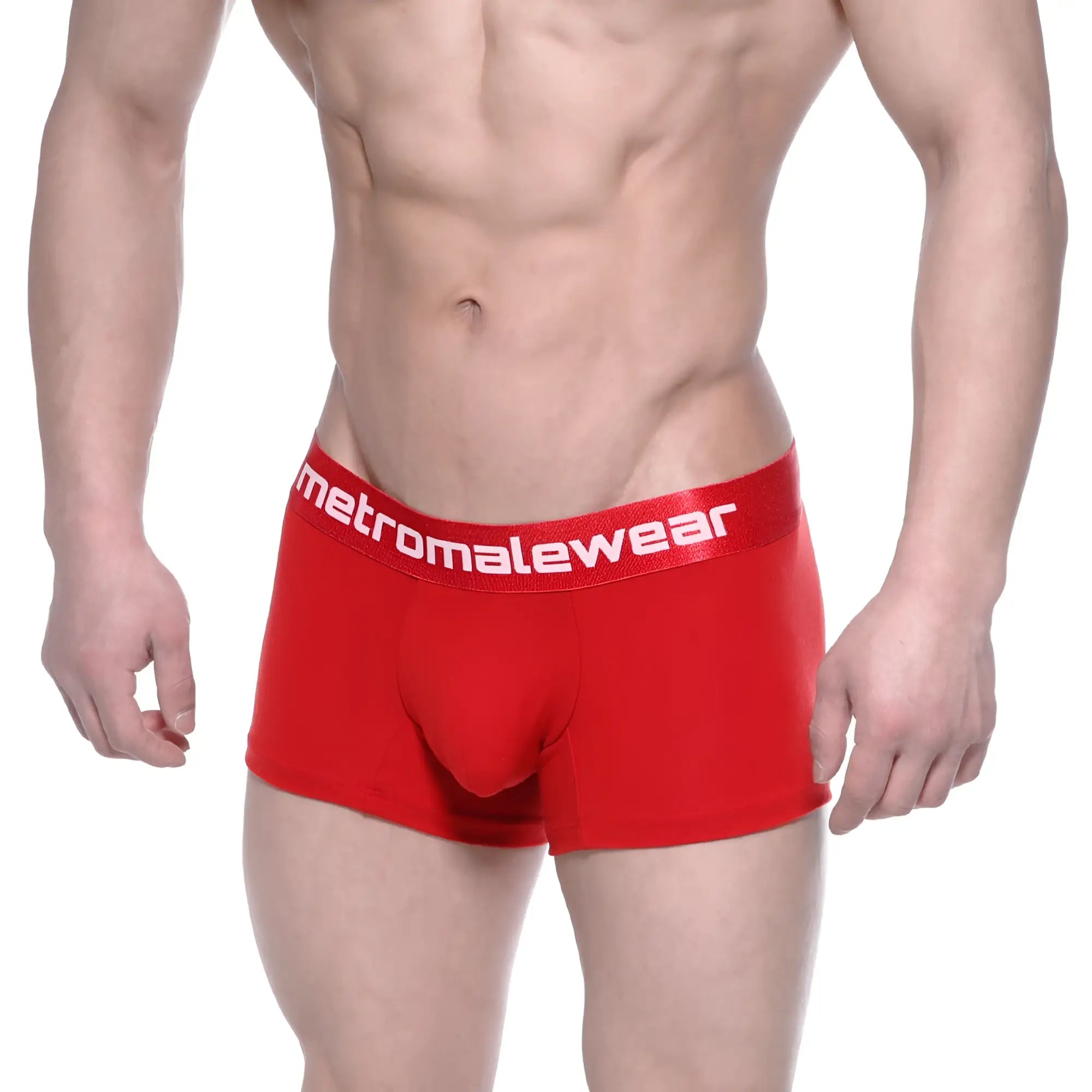 Red men’s cotton short boxer briefs with a crimson color and white metromalewear logo on the elastic waistband