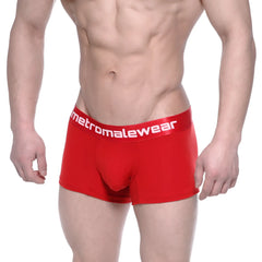 Red men’s cotton short boxer briefs with a crimson color and white metromalewear logo on the elastic waistband