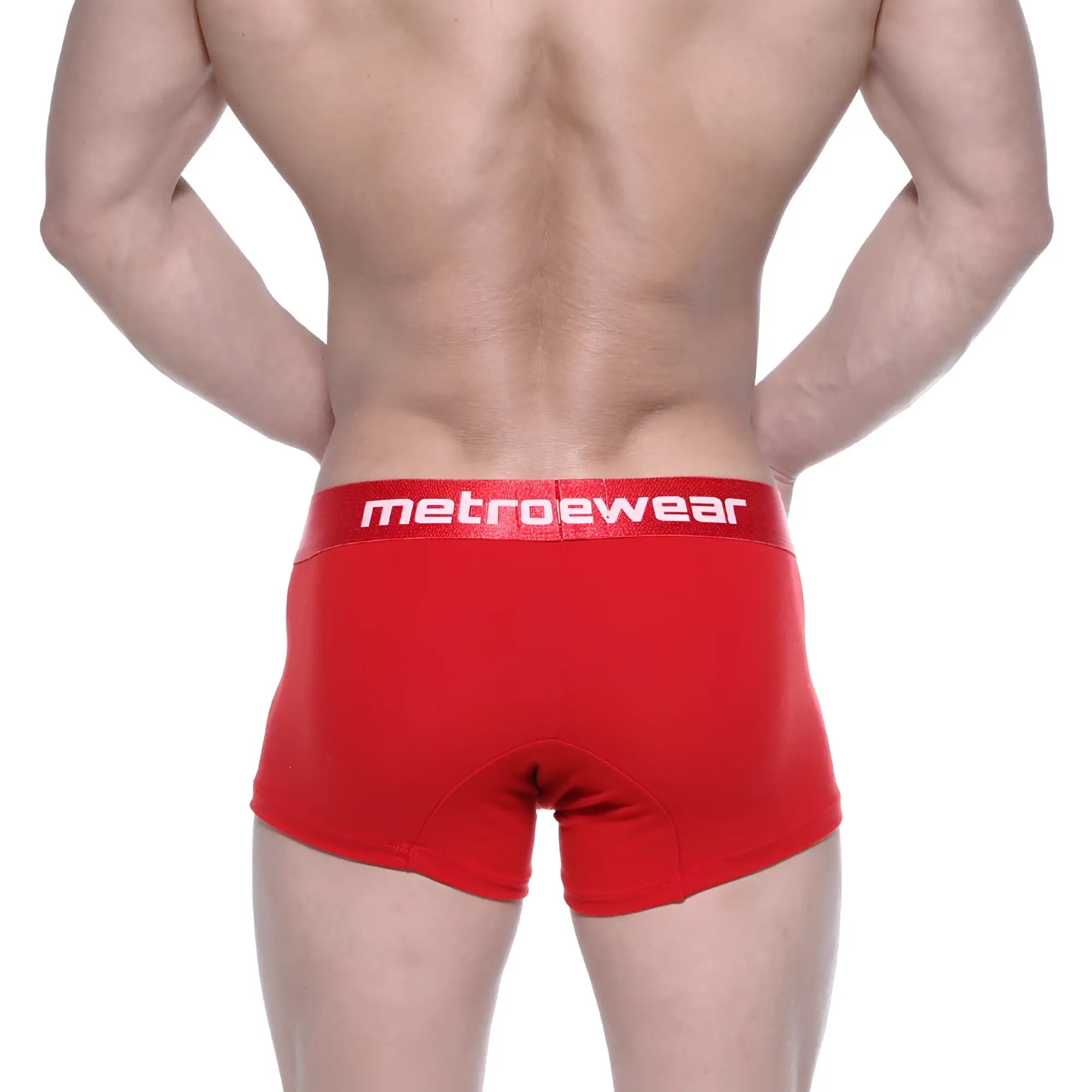 Red metrowear cotton boxer briefs in crimson with a white logo on the waistband for comfortable everyday wear
