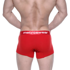 Red metrowear cotton boxer briefs in crimson with a white logo on the waistband for comfortable everyday wear