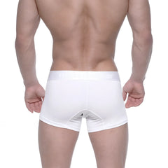 White metro malewear cotton short boxer briefs with smooth form fitting design and subtle waistband branding
