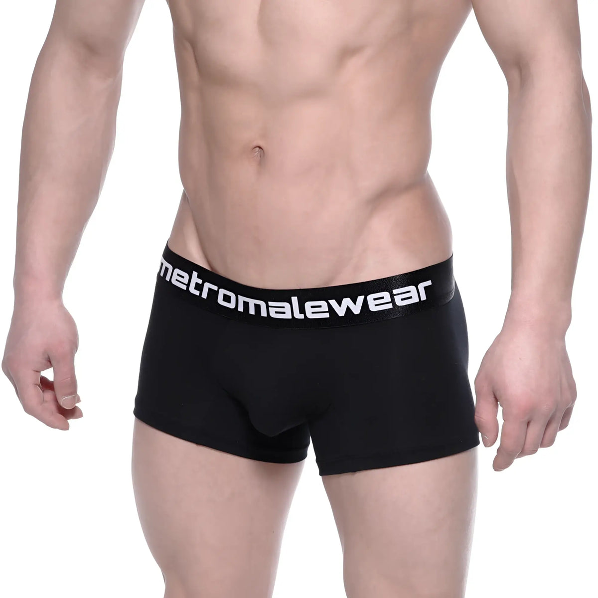 Black cotton short boxer briefs with a 7 inch inseam and metromalewear logo on the waistband