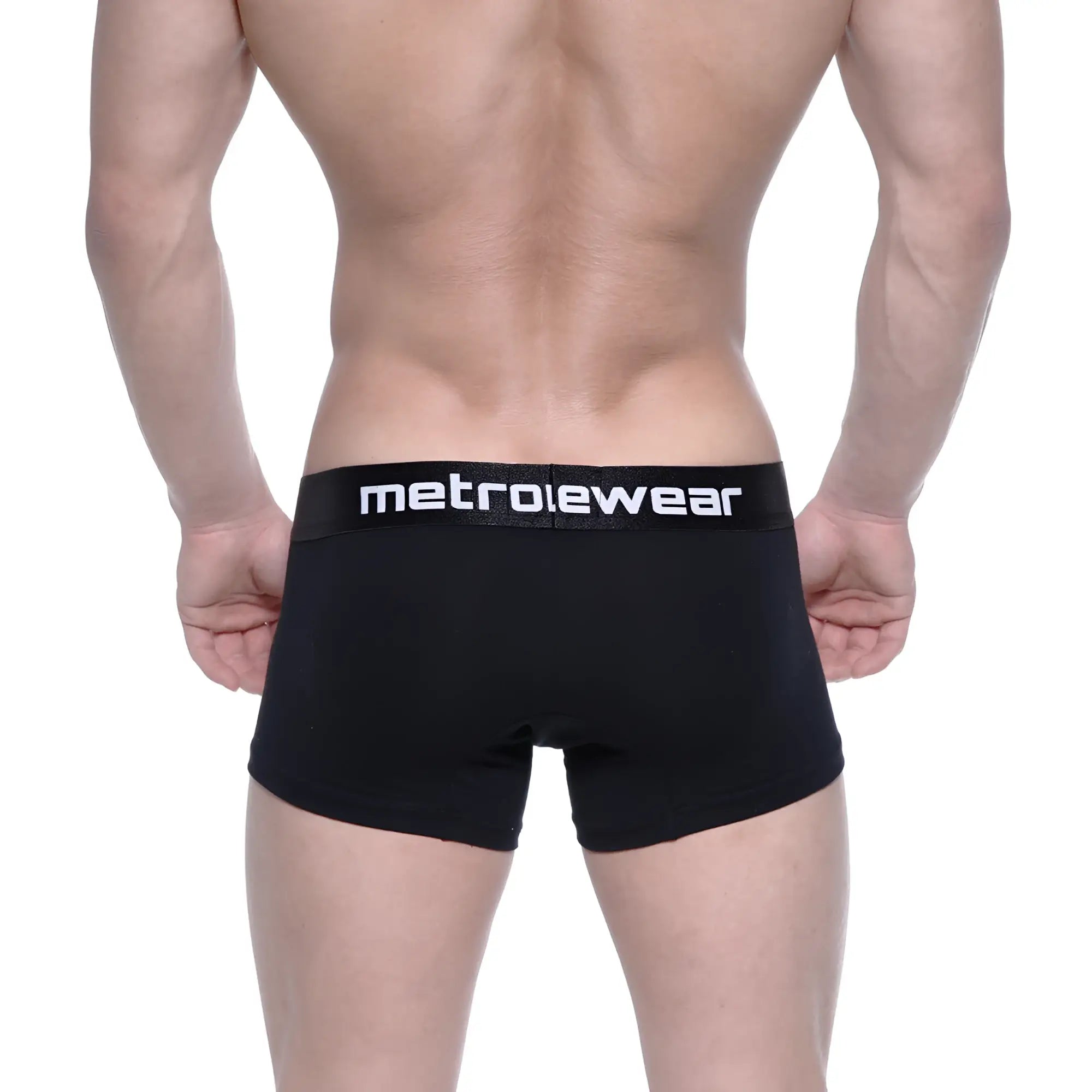 Black metrowear cotton short boxer briefs with 7 inch inseam and white logo waistband for comfortable wear