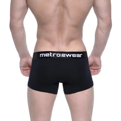 Black metrowear cotton short boxer briefs with 7 inch inseam and white logo waistband for comfortable wear