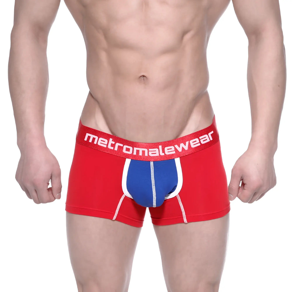 Red and blue cotton men’s boxer briefs with white trim and metromalewear logo on waistband metroMalewear cotton short boxer pixel 7 3022 76