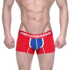 Red and blue cotton men’s boxer briefs with white trim and metromalewear logo on waistband metroMalewear cotton short boxer pixel 7 3022 76