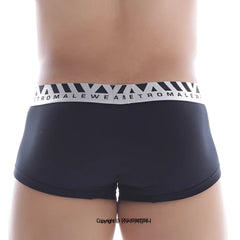 Black metroMalewear cotton short boxer briefs with white elastic waistband and diagonal stripe logo pattern