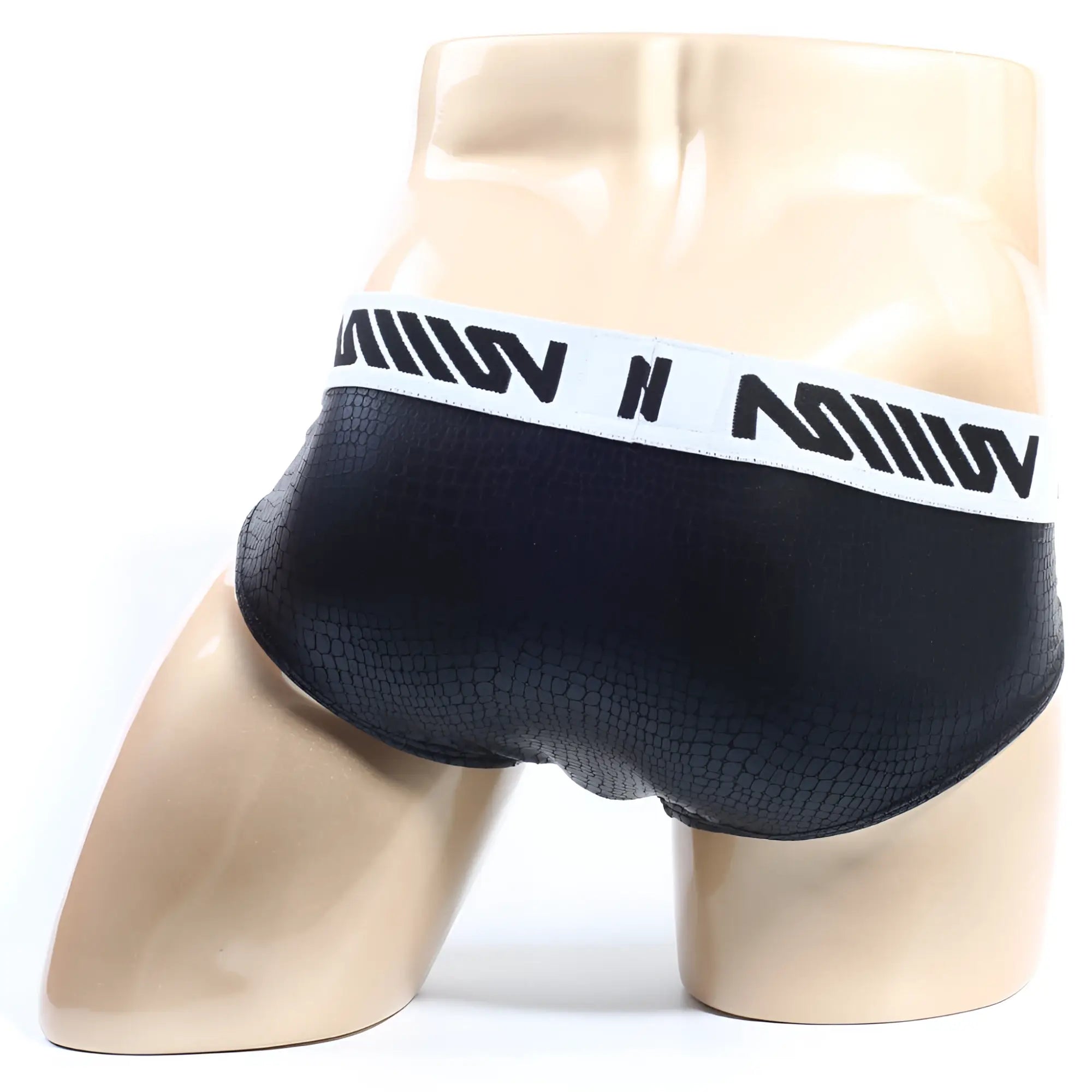 Black textured briefs with white waistband and bold black lettering metroMalewear crocodile hip brief 5003-85
