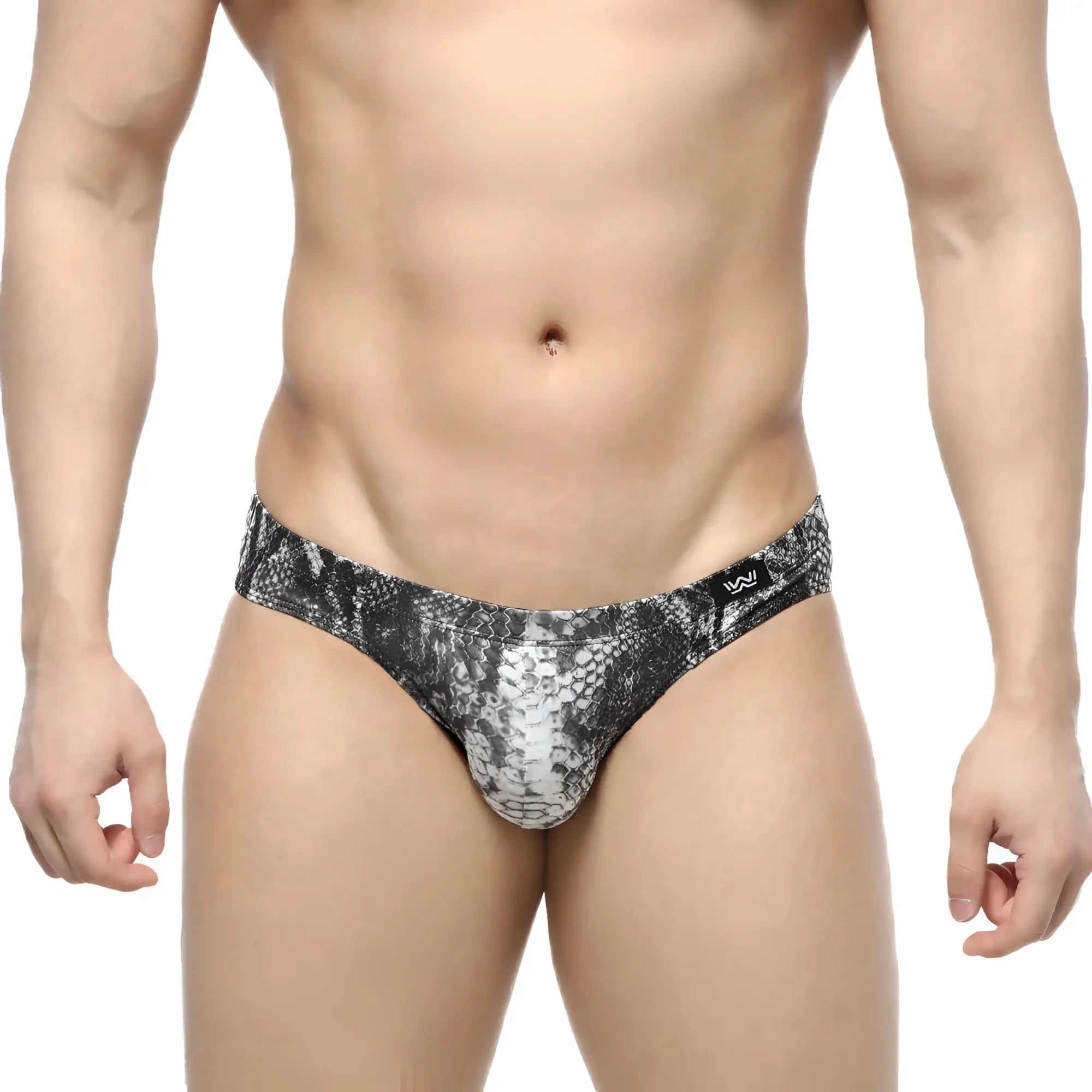 Black and white snake-skin patterned men’s briefs with a sleek form-fitting design from MetroMaleWear Culebra Bikini 5103-84