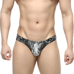 Black and white snake-skin patterned men’s briefs with a sleek form-fitting design from MetroMaleWear Culebra Bikini 5103-84