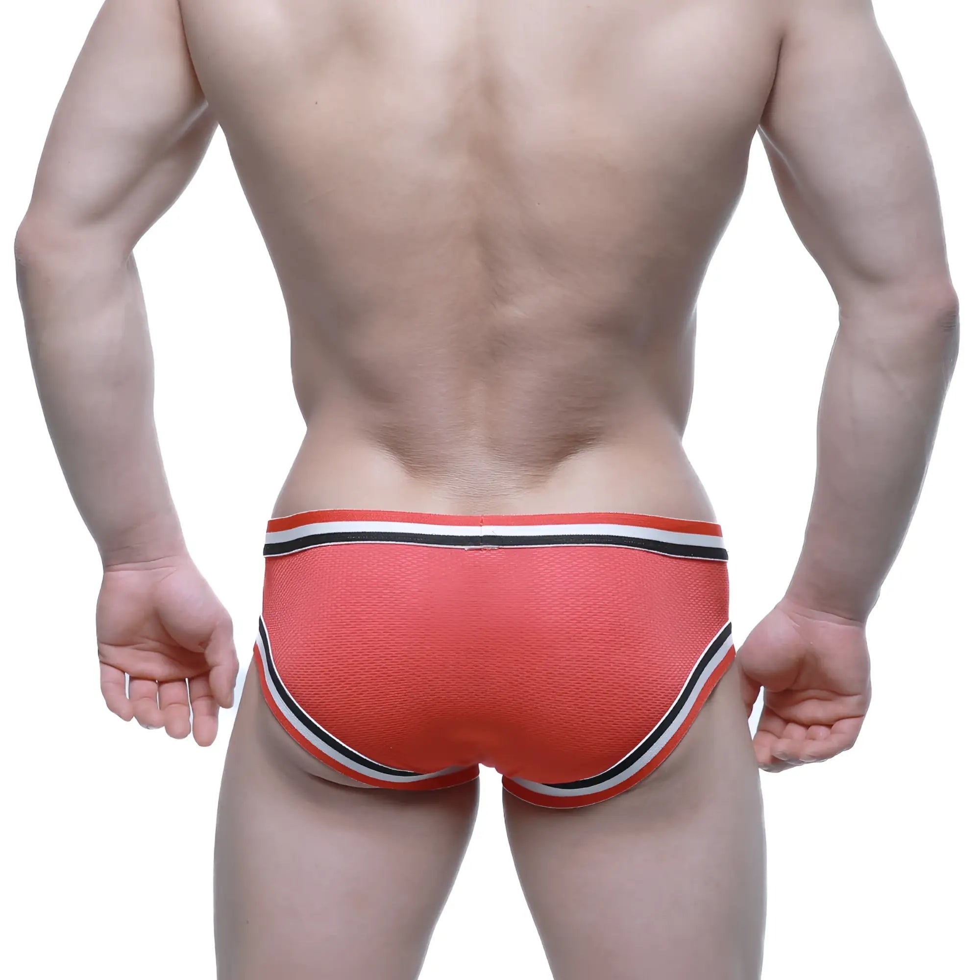 Orange textured briefs with black and white striped trim from metromalewear cupid bikini red 6105-12 collection
