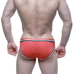Orange textured briefs with black and white striped trim from metromalewear cupid bikini red 6105-12 collection