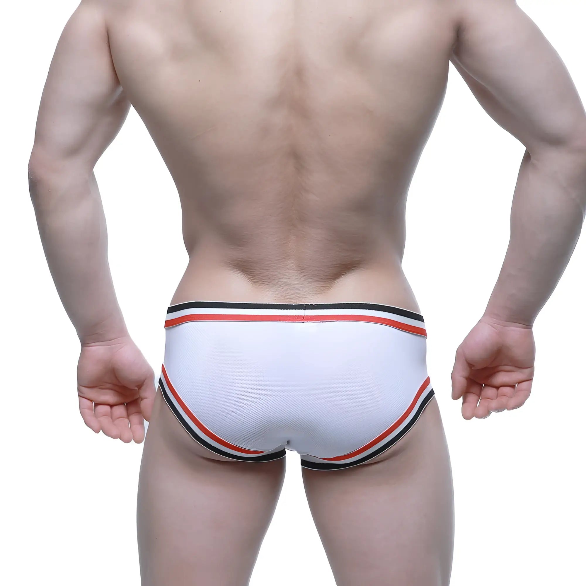 White athletic briefs metro male wear cupid bikini 6105-01 with red and black striped trim for active use