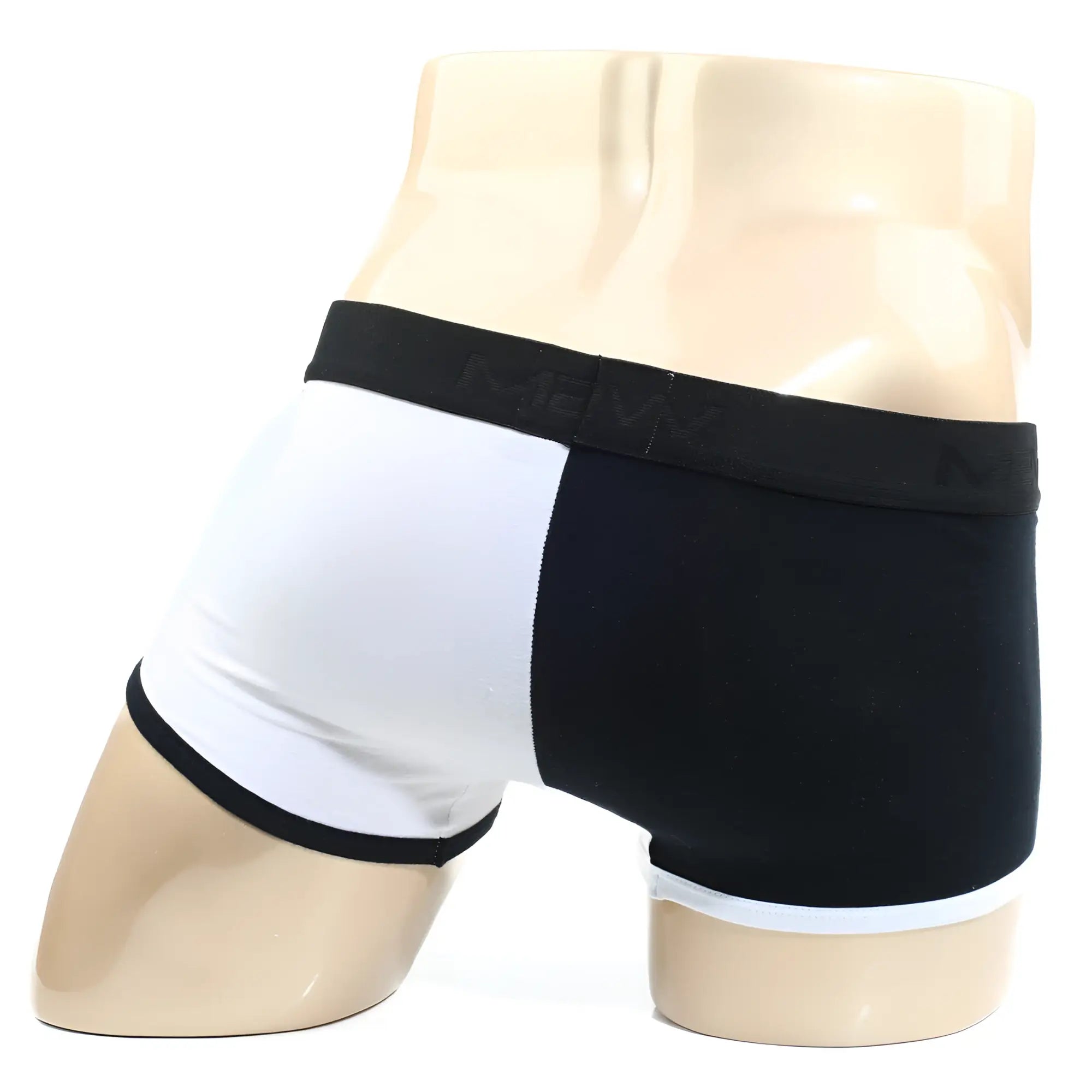 Black and white two-tone boxer briefs with black waistband featuring new logo from MetroMaleWear Daemon no show boxer 2924-00