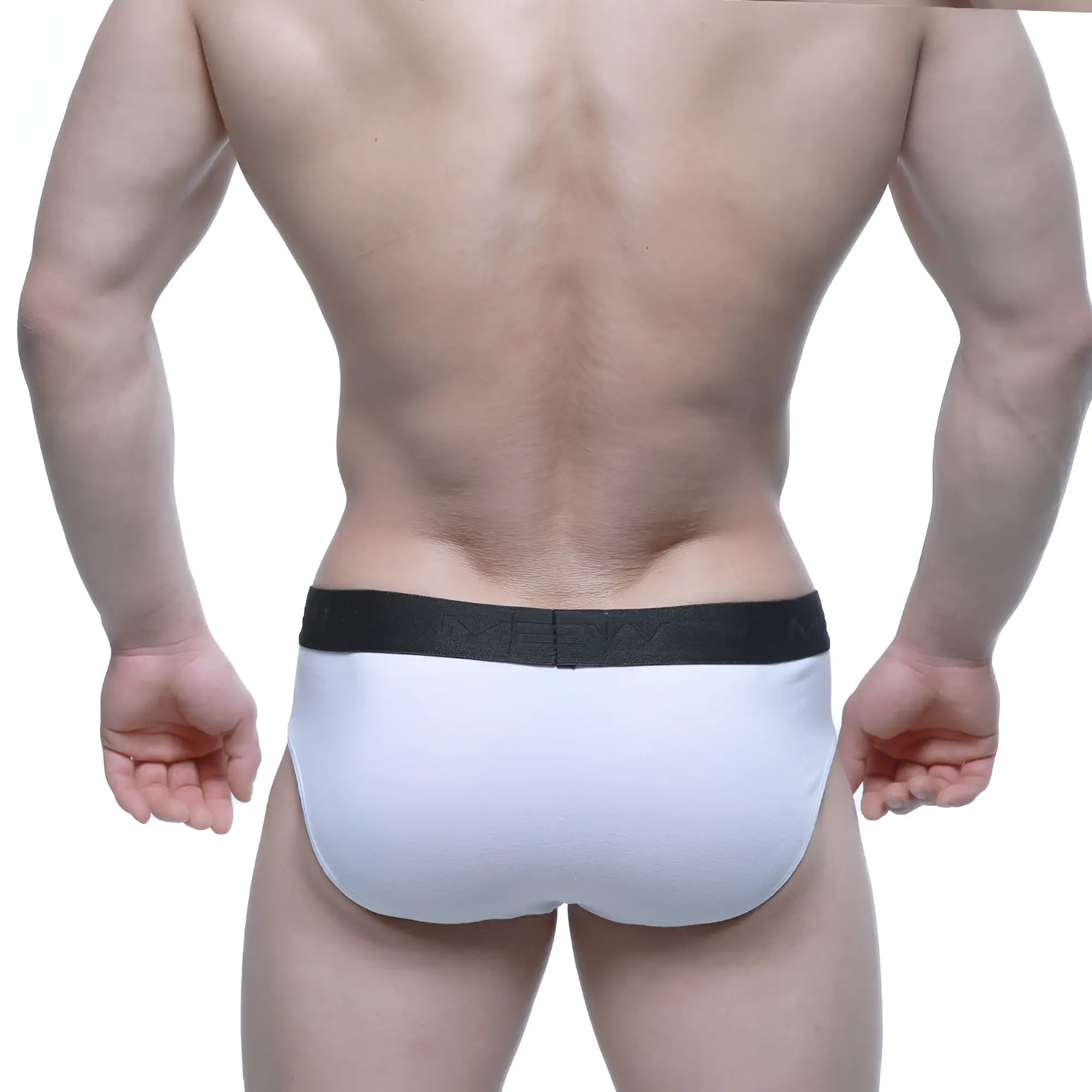 White briefs metroMalewear daily brief 5003-01 with black elastic waistband and nerdy brand lettering
