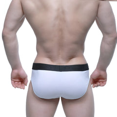 White briefs metroMalewear daily brief 5003-01 with black elastic waistband and nerdy brand lettering