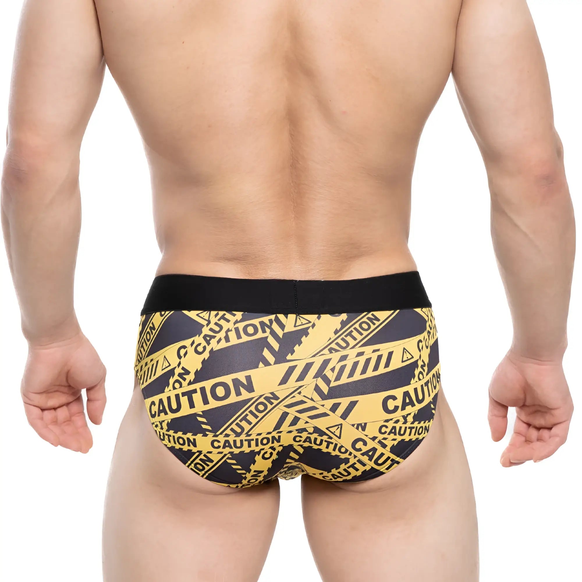 MetroMaleWear danger brief black 5003-66 yellow and black caution tape pattern with solid black waistband