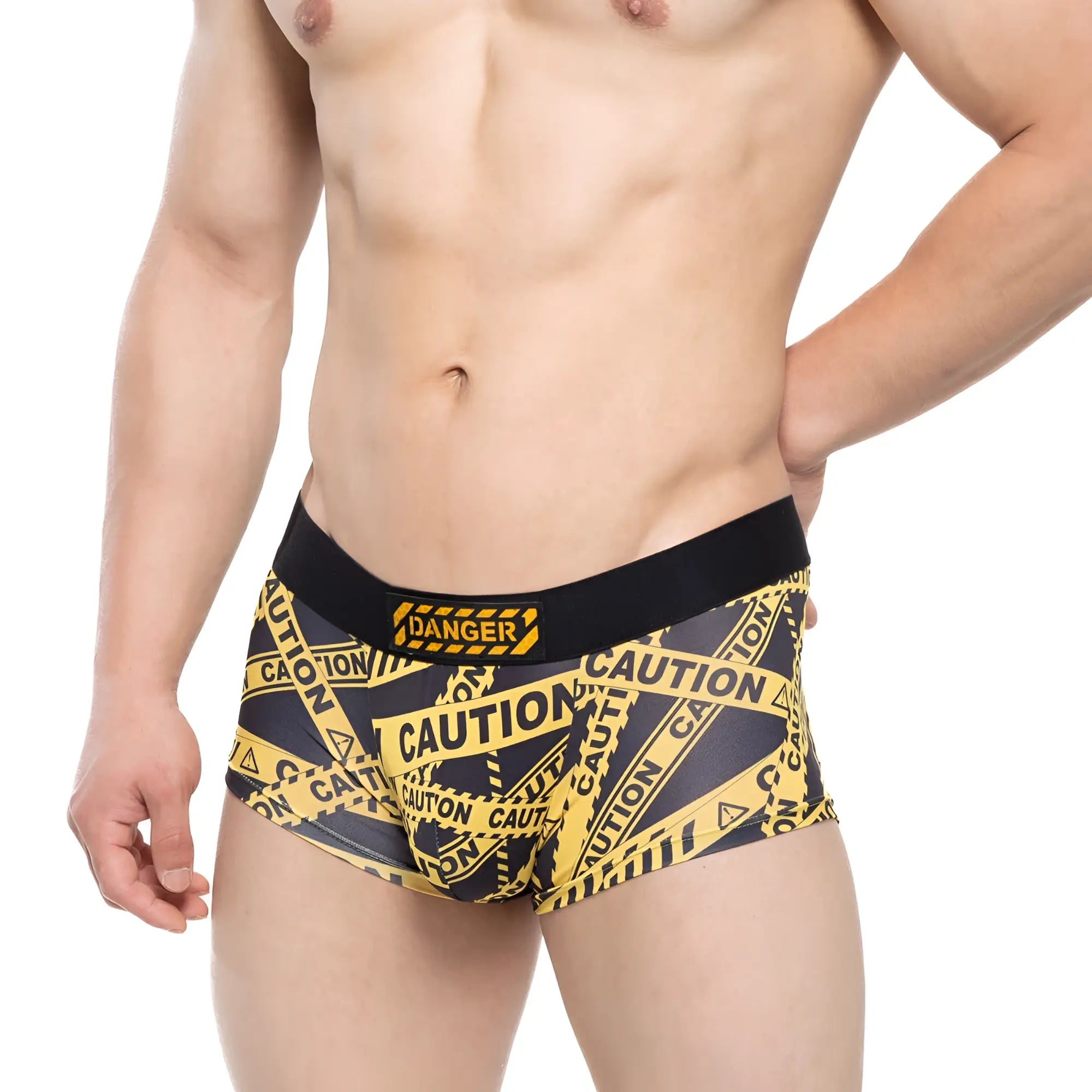 MetroMaleWear danger short boxer black 2026-73 black and yellow caution tape patterned men’s briefs with danger waistband