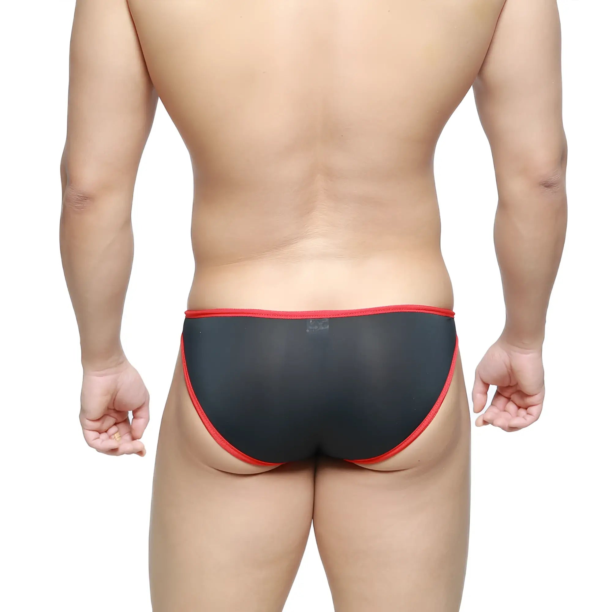 MetroMaleWear Dangerous Brief black 8004-20 black sheer briefs with red trim showing the front side view