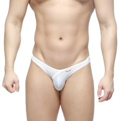 Metro male wear dangerous brief white thong made of smooth stretchy fabric with subtle red logo on waistband