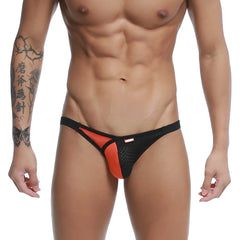 Metro male wear dangerous jock strap orange 8001-24 black and orange mesh thong with red logo waistband front view