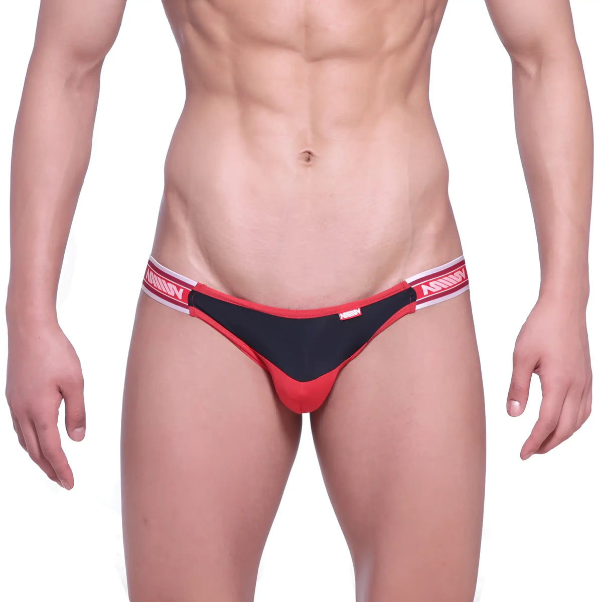 Red and black thong jock strap with white elastic waistband featuring mann brand name from metromalewear valiente 8001-30