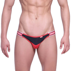 Red and black thong jock strap with white elastic waistband featuring mann brand name from metromalewear valiente 8001-30