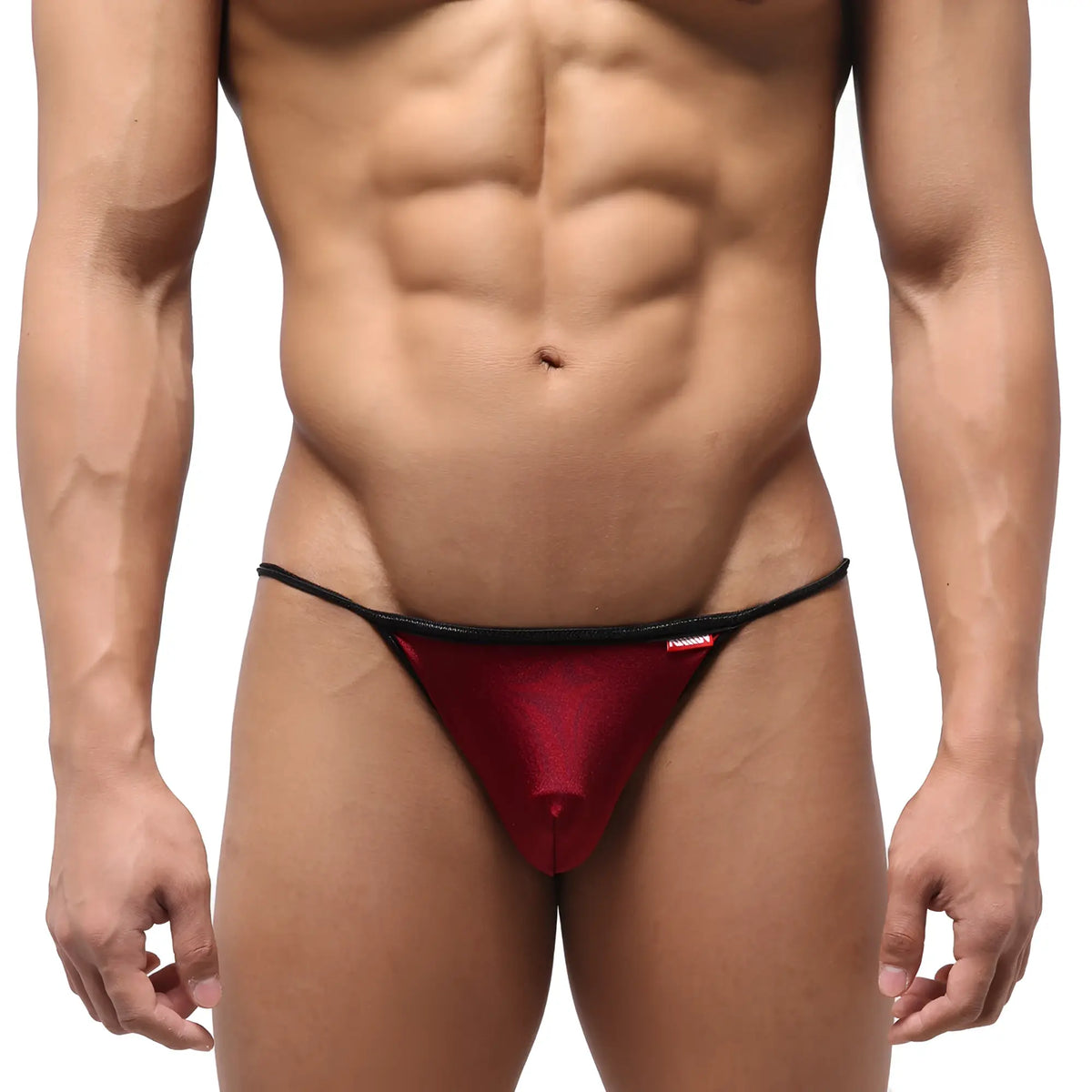 MetroMaleWear dangerous swim bikini in metallic red thong with black trim and small red brand tag